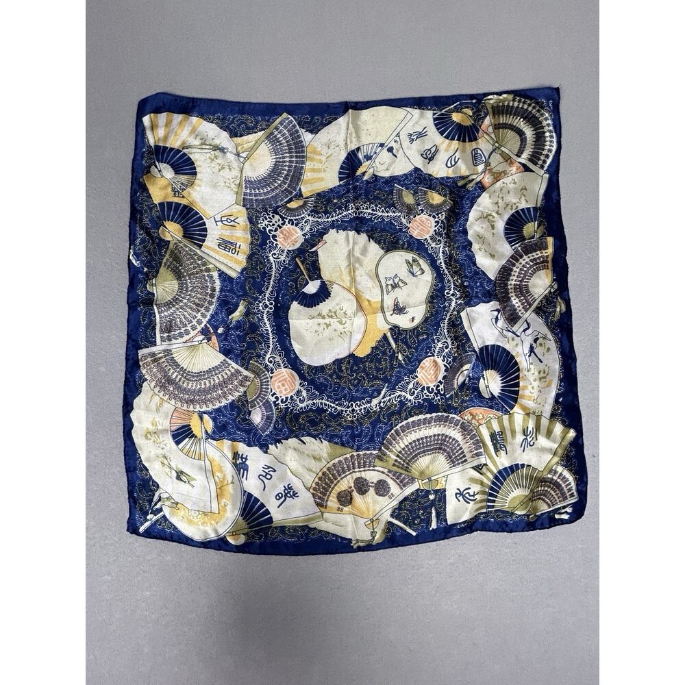 Asian style Silk satin scarf blue/cream fans, butterflies and cranes 20 X 20 in